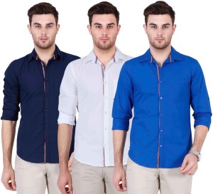 Ojass Men's Solid Casual Blue, White, Dark Blue Shirt