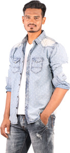 Showoff Men's Printed Casual Denim Dark Blue Shirt