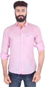 Vintage Soul Men's Solid Casual Linen Pink Shirt