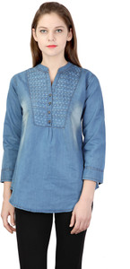 Classvee Women's Self Design Casual Denim Blue Shirt