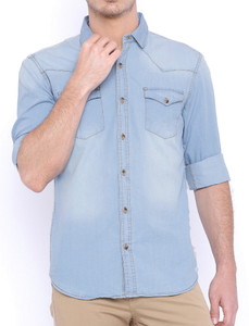 Lafantar Men's Solid Casual Denim Blue Shirt