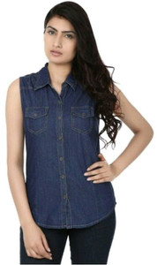 YASMIN CREATIONS Women's Solid Casual Denim Dark Blue Shirt