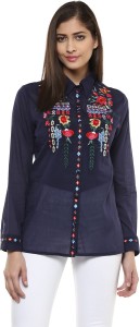 Bhama Couture Women's Embroidered Casual Blue Shirt