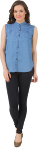 Petipack Women's Solid Casual Denim Blue Shirt