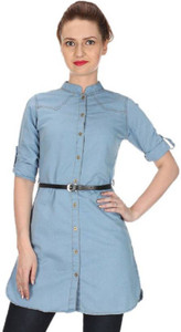 Cozami Women's Solid Casual Denim Light Blue Shirt