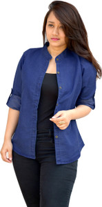 Aarti Collections Women's Solid Casual Denim Dark Blue Shirt