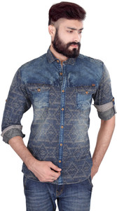 Vintage Soul Men's Printed Casual Denim Blue Shirt