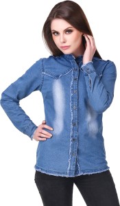 Clo Clu Women's Solid Casual Denim Blue Shirt