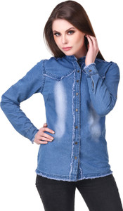 Clo Clu Women's Solid Casual Denim Blue Shirt
