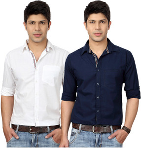 Top Notch Men's Solid Casual White, Dark Blue Shirt