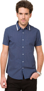 Mode Manor Men's Polka Print Casual Dark Blue Shirt