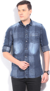 LAWMAN Pg3 Men's Self Design Casual Denim Blue Shirt
