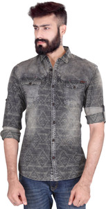 Vintage Soul Men's Printed Casual Denim Black Shirt