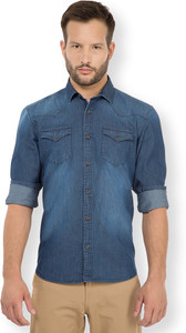 Highlander Men's Solid Casual Denim Dark Blue Shirt