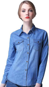 Farha Women's Solid Casual Denim Light Blue Shirt