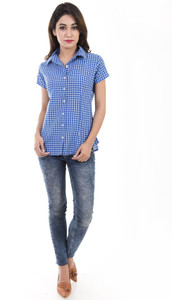 Amadore Women's Checkered Casual Blue, White Shirt