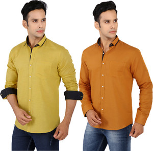 R'Squarre Men's Solid Casual Linen Light Green, Brown Shirt