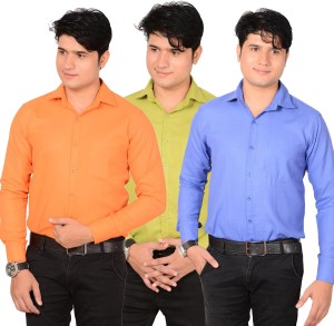 Aedi Men's Solid Casual Orange, Green, Blue Shirt