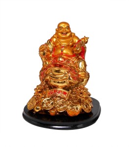 vashoppee vastu / feng shui / laughing buddha sitting on money frog for happiness, wealth & goodluck  decorative showpiece  -  14 cm(polyresin, gold)