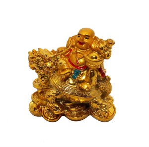 vastu art vastu, feng shui, small laughing buddha sitting on dragon tortoise for happiness, wealth & goodluck  decorative showpiece  -  8 cm(polyresin, gold)