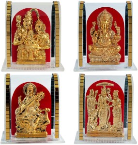 art n hub set of 4 idol god shiv parivar/ganesha/sarswati/ramdarbar gift decorative showpiece  -  6 cm(gold plated, acrylic, gold)