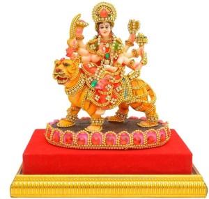 Maa Durga Statue with Lion Figurine for Home Temple Pooja Decorative Showpiece 13 cm Aluminium, Gold