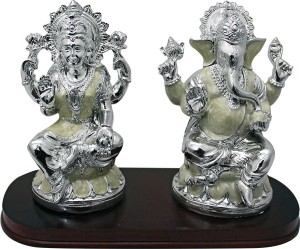 art n hub goddess maa laxmi & lord ganesha / ganpati idol- handicraft diwali decorative home & temple décor god figurine / statue gift item decorative showpiece  -  12.5 cm(earthenware, wood, silver)