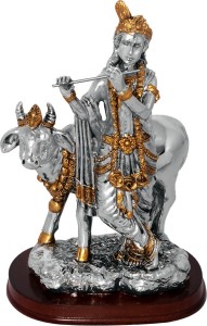 art n hub lord krishna makhan chor shri krishan with cow idol god statue decorative showpiece  -  19 cm(gold plated, gold, silver)