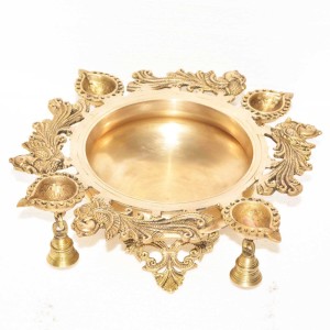 aakrati decorative designer brass urli with diya and bell decorative showpiece  -  12.5 cm(brass, yellow)