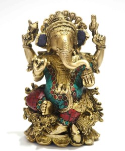 collectible india lord hindu ganesh statue - handmade god sculpture - turquoise figurine decorative showpiece  -  19 cm(brass, gold)