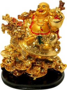 vastu art vastu, feng shui, laughing buddha sitting on dragon tortoise for happiness, wealth & goodluck  decorative showpiece  -  13 cm(polyresin, gold)