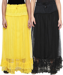 NumBrave Self Design Women's Layered Yellow, Black Skirt