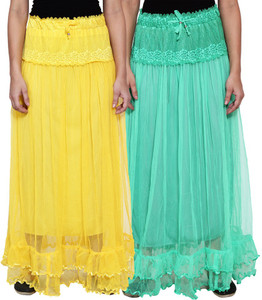 NumBrave Self Design Women's Layered Yellow, Green Skirt