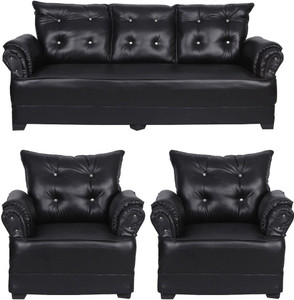 HOMESTOCK Leatherette 3 + 1 + 1 Black Sofa Set