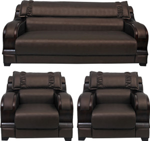 HOMESTOCK Solid Wood 3 + 1 + 1 Brown Sofa Set