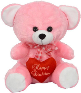 FunnyLand Teddy Bear Pink With Heart 30cm Caption Happy Birthday - 30 cm