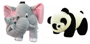 SHOP24HOME Grey Mother Elephant with Two Babies 40cm with Black/White Panda 30cm - 30 cm