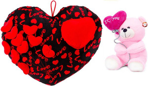 MGPLifestyle - Premium Combo of Black & Red Heart Cuishion with I love you Ballon Heart Teddy- Pink (22cm) - 18 cm