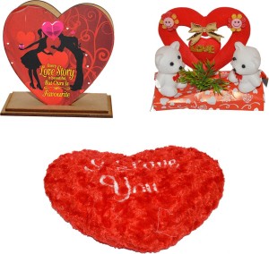 Toyzstation I Love You Heart Red Color Soft Pillow (21*16*10 cm) With Heart Shaped Pen Stand and Red Heart and 2 Bears Gift Combo  - 16 cm