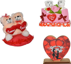 Toyzstation Charlie Teddy Couple With Heart Soft Toy With Heart Shaped Printed Pen Stand and 2 Bear in I Love You Pouch Gift Set - 20 cm