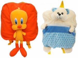 MGP Creation Premium Orange Tweety & Teddy Printed Blue Kids School Bag  - 14 inch
