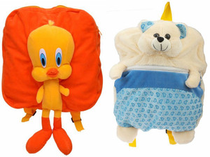 MGP Creation Premium Orange Tweety & Teddy Printed Blue Kids School Bag - 14 inch