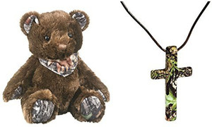 Camo Chique Boutique Mossy Oak Cross Necklace + Teddy Bear Plush 2Pc Womens