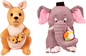 Tabby Toys Kangaroo With Baby And Elephant Playing With Ball Stuff Toy Combo - 35 cm