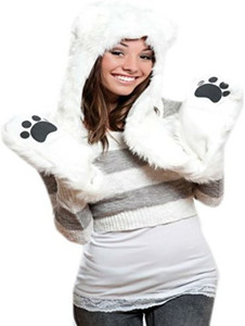 Animal Hats Polar Bear Full Animal Hoodie Faux Fur Hat 3In1 Function