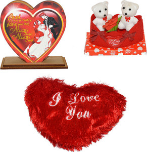 Toyzstation I Love You Heart Red Color Soft Pillow (24*28*10 cm) With Heart Shaped Pen Stand and Red Heart and 2 Bears in Pouch Gift Combo - 24 cm