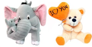 Tabby Heart Balloon Teddy Bear ORG and Elephant with Two Elephant Baby Combo  - 40 cm