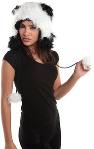 CHIC&COZY Fur Panda Fur Animal Hats Hoods Fur Panda With Poms