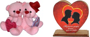 Toyzstation Romeo Juliet Teddy Bear Pair With Heart Soft Toy (20 cm) With Heart Shaped Printed Pen Stand  - 20 cm
