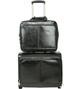 PRAGEE Exclusive Black PU Leather Office Laptop Trolley Bag Expandable Cabin Luggage - 20 inch